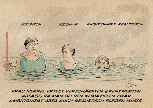 Cartoon: Ambitioniert Realistisch (medium) by Guido Kuehn tagged merkel,co2,grenzwerte,klima,paris,kioto,eu,merkel,co2,grenzwerte,klima,paris,kioto,eu