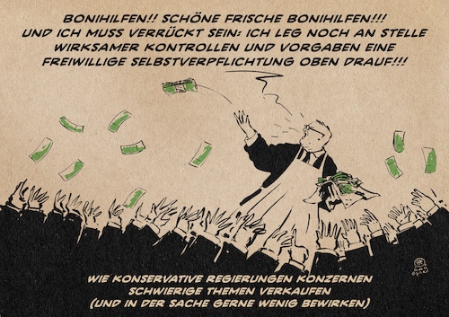 Cartoon: Bonihilfen statt Veränderungen (medium) by Guido Kuehn tagged wirtschaft,konzerne,wirtschaft,konzerne