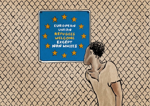 Cartoon: Except non whites (medium) by Guido Kuehn tagged polen,ukraine,flucht,krieg,rassismus,europa,polen,ukraine,flucht,krieg,rassismus,europa