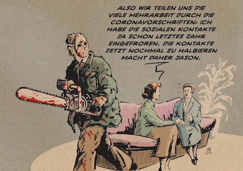 Cartoon: Kontakte nochmal halbieren (medium) by Guido Kuehn tagged corona,covid,lockdown,corona,covid,lockdown