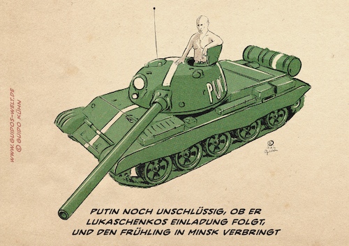 Cartoon: Lukascheko bittet Putin um Hilfe (medium) by Guido Kuehn tagged putin,minsk,weißrussland,russland,eu,putin,minsk,weißrussland,russland,eu