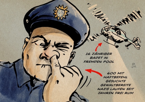 Cartoon: Polizeiarbeit (medium) by Guido Kuehn tagged polizei,pool,hubschrauber,polizei,pool,hubschrauber