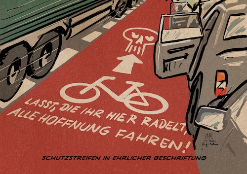 Cartoon: Schutzstreifeneuphemismus (medium) by Guido Kuehn tagged fahrrad,mobilität,schutzstreifen,fahrrad,mobilität,schutzstreifen