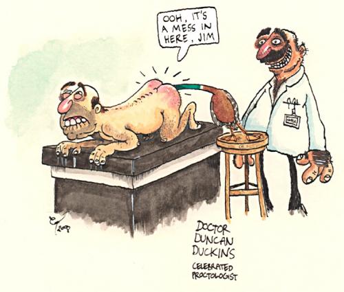 Cartoon: Dr. Duckins - Duck Proctologist (medium) by dotmund tagged duck,proctologist,doctor,nurse