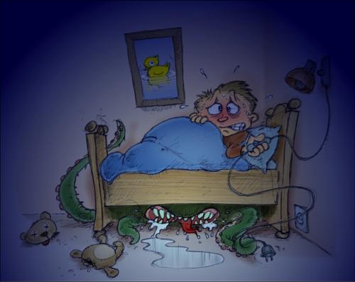 Cartoon: Click click click (medium) by gnurf tagged monster,bed,night,lamp,scary,nightmare,teddy,teddybear,click