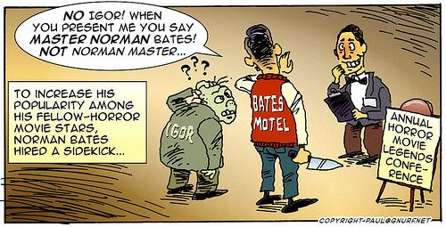 Cartoon: Norman Bates With Sidekick (medium) by gnurf tagged norman,bates,igor,horror,movie,convention