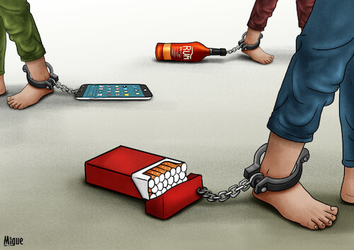 Cartoon: Addictions Slaves (medium) by miguelmorales tagged addiction,slave,tobbaco,alcohol,digital,dependencies,addiction,slave,tobbaco,alcohol,digital,dependencies