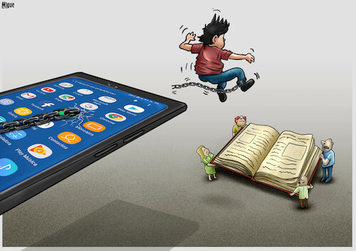 Cartoon: Breaking free digital addictions (medium) by miguelmorales tagged addictiions,digital,book,family,addictiions,digital,book,family