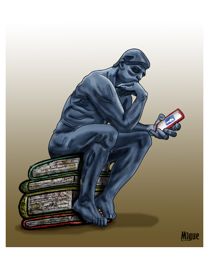 Cartoon: The Thinker (medium) by miguelmorales tagged social,networks,book,thinker,rodes,reading,facebook,twitter,library,libros,lecturas,redes,sociales