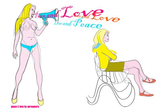 Cartoon: Peace and Love (medium) by nerosunero tagged peace,love,protester,girls,bench,screaming,scream,megaphone