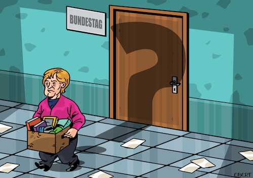 Cartoon: Angela Merkel resignes... (medium) by Enrico Bertuccioli tagged merkel,germany,cdu,party,europe,eu,leadership,government,political,policy,elections,voters,democracy,chancellor