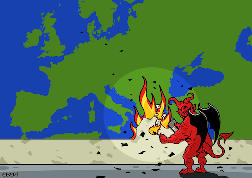 Cartoon: Lucifer is burning Europe (medium) by Enrico Bertuccioli tagged lucifer,europe,fire,climate,climatechange,heatwave,wildfire,world,global,crisis,political,exploitation,energy,nature,wildlife,forest,arson,profit,protection,prevention,safety,society,people,care,civilization,environment,behaviour,lucifer,europe,fire,climate,climatechange,heatwave,wildfire,world,global,crisis,political,exploitation,energy,nature,wildlife,forest,arson,profit,protection,prevention,safety,society,people,care,civilization,environment,behaviour