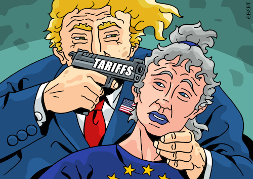 Cartoon: Trump vs Europe (medium) by Enrico Bertuccioli tagged trump,donaldtrump,europe,eu,europeanunion,tariffs,economy,money,business,trades,tradewars,usa,unitedstates,hostages,political,politicalcartoon,politicalcartoons,editorialcartoon,trump,donaldtrump,europe,eu,europeanunion,tariffs,economy,money,business,trades,tradewars,usa,unitedstates,hostages,political,politicalcartoon,politicalcartoons,editorialcartoon