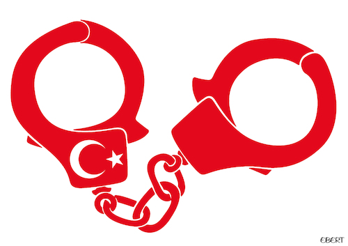 Cartoon: Turkish handcuffs (medium) by Enrico Bertuccioli tagged erdogan,receptayyiperdogan,ekremimamoglu,turkey,authocracy,dictatorship,politicalelections,turkishpresidentialelections,turkishelections,republicanpeoplesparty,protests,repression,opposition,turkishopposition,control,power,intidimidation,arrest,opponents,politicalopponentpersecution,democracy,freedomofexpression,political,politicalcartoon,editorialcartoon,erdogan,receptayyiperdogan,ekremimamoglu,turkey,authocracy,dictatorship,politicalelections,turkishpresidentialelections,turkishelections,republicanpeoplesparty,protests,repression,opposition,turkishopposition,control,power,intidimidation,arrest,opponents,politicalopponentpersecution,democracy,freedomofexpression,political,politicalcartoon,editorialcartoon