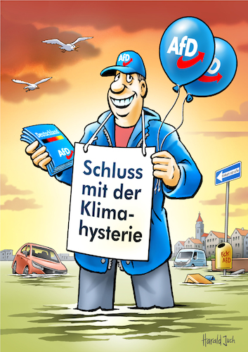 Cartoon: Blauäugig (medium) by Harald Juch tagged hochwasser,afd,rechtsextrem,nazi,klima,klimawende,klimakrise,umwelt,wahlkampf,politik,parteien,notstand