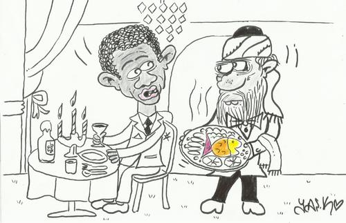 Cartoon: head waiter (medium) by yasar kemal turan tagged fish,food,laden,bin,osama,obama,headwaiter