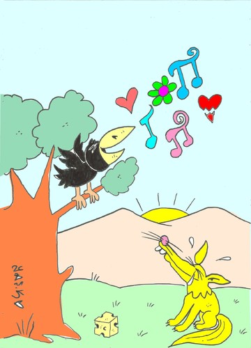 Cartoon: love (medium) by yasar kemal turan tagged cheese,crow,fox,love,song,serenade,nature