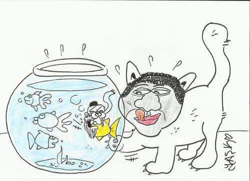 Cartoon: obama and laden (medium) by yasar kemal turan tagged barak,osama,aquarium,fish,cat,obama,laden,bin