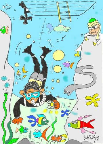 Cartoon: reef diving (medium) by yasar kemal turan tagged obama,barack,huseyin,laden,bin,osama,diving