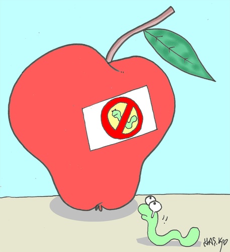 Cartoon: selfishness-pesticides (medium) by yasar kemal turan tagged pesticides,hormone,worm,natural,apple,love,selfishness
