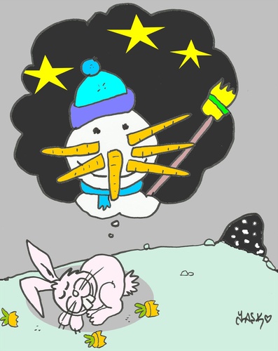 Cartoon: sweet dream (medium) by yasar kemal turan tagged sweet,dream,carrots,rabbit,snowman,love