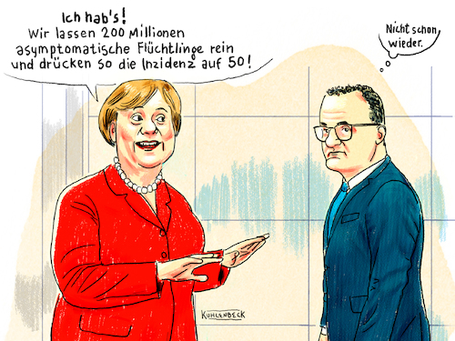 Cartoon: Merkels Idee (medium) by Thomas Kuhlenbeck tagged merkel,kanzlerin,spahn,gesundheitsminister,inzidenz,senken,coronamaßnahme,corona,virus,maßnahme,flüchtlinge,idee