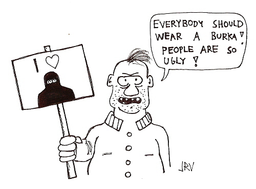 Cartoon: Mr. Misanthropy demonstrates (medium) by Jani The Rock tagged burka,burkha,misanthropy,demonstration,ugly,ugliness