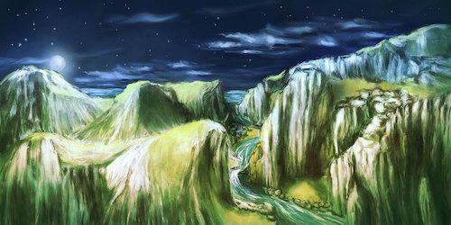 Cartoon: Night Scenery (medium) by alesza tagged landscape,nature,painting,mountain,range,night,sky,scenery,scene,twilight,nightfall,river,outdoors,hiking,wanderlust