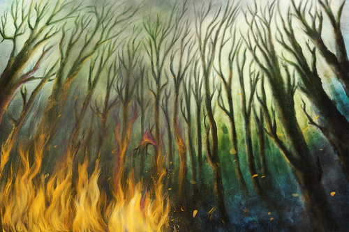 Cartoon: Torn (medium) by alesza tagged fire,forest,landscape,nature,scenery,digital,painting,illustration,drawing,catastrophy,smoke,flames