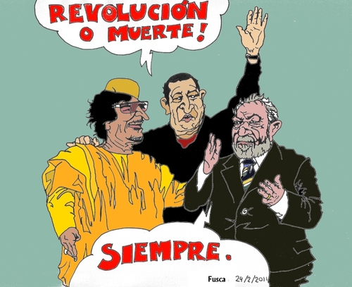 Cartoon: Gaddy Chavez and Lula (medium) by Fusca tagged totalitarism,bolivarian,dictators,corruption,battisti,lula,chavez,gaddafi