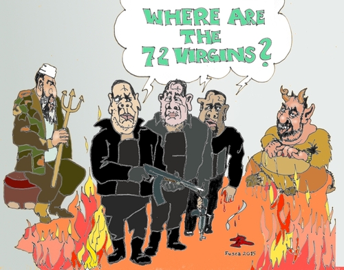 Cartoon: Great lie of islamic extremists (medium) by Fusca tagged islam,lie,terror,isis,laden,bin,assassins,alqaeda,terrorists