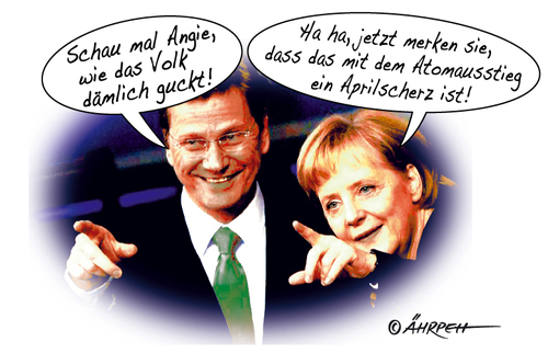 Cartoon: Aprilscherz (medium) by rpeter tagged merkel,guido,westerwelle,atomausstieg,aprilscherz,regierung,kernkraft