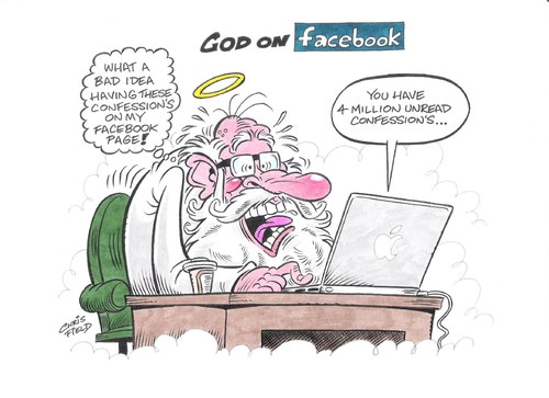 Cartoon: God on facebook (medium) by fieldtoonz tagged zuckerbook,god,facebook,confession,clouds,heaven