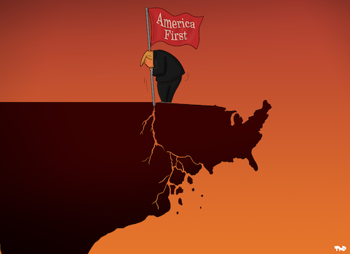 Cartoon: America First! (medium) by Tjeerd Royaards tagged usa,trump,cliff,falling,world,america,united,states,usa,trump,cliff,falling,world,america,united,states