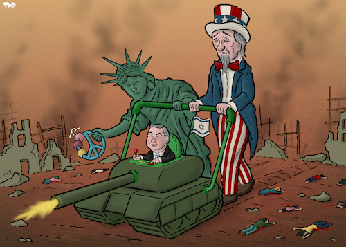 Cartoon: Bad parenting (medium) by Tjeerd Royaards tagged palestine,gaza,lebanon,usa,lady,liberty,uncle,sam,israel,netanyahu,palestine,gaza,lebanon,usa,lady,liberty,uncle,sam,israel,netanyahu