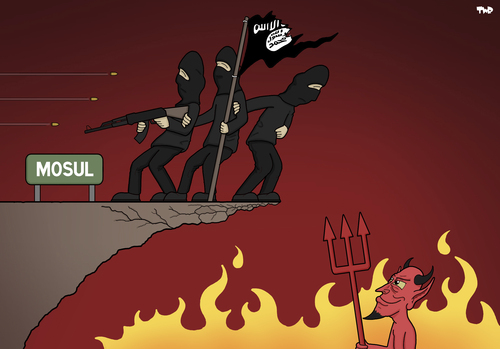 Cartoon: Battle of Mosul (medium) by Tjeerd Royaards tagged isis,islamic,state,mosul,devil,attack,defeat,isis,islamic,state,mosul,devil,attack,defeat