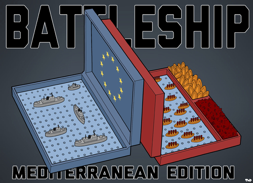 Cartoon: Battleship (medium) by Tjeerd Royaards tagged europe,eu,migrants,mediterranean,sea,smuggling,migration,europe,eu,migrants,mediterranean,sea,smuggling,migration