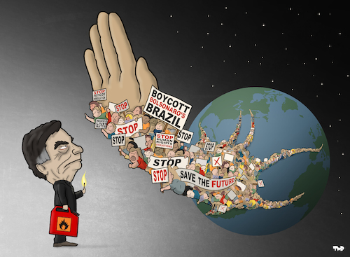 Cartoon: Boycott Bolsonaro (medium) by Tjeerd Royaards tagged brazil,amazon,world,bolsonaro,protest,brazil,amazon,world,bolsonaro,protest