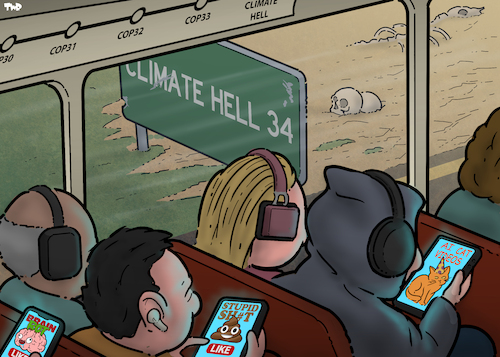 Cartoon: Distracted (medium) by Tjeerd Royaards tagged climate,future,cop30,smartphone,digital,addiction,climate,future,cop30,smartphone,digital,addiction