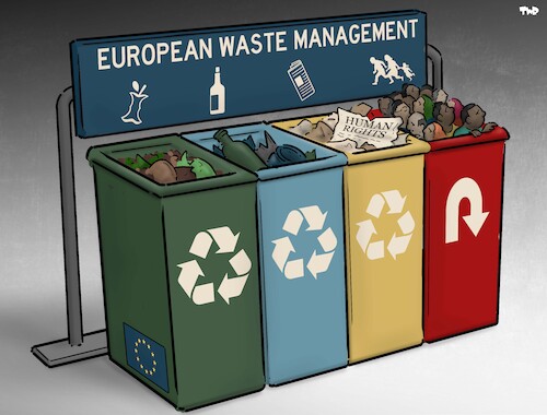 Cartoon: EU waste management (medium) by Tjeerd Royaards tagged migrants,refugees,europe,migrants,refugees,europe