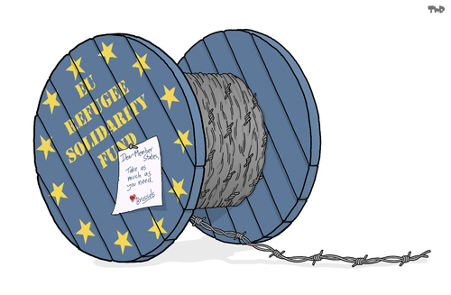 Cartoon: European Solidarity (medium) by Tjeerd Royaards tagged europe,greece,refugees,barb,wire,solidarity,help,migration,eu,brussels,europe,greece,refugees,barb,wire,solidarity,help,migration,eu,brussels