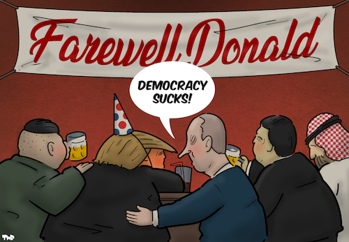 Cartoon: Farewell party (medium) by Tjeerd Royaards tagged trump,putin,russia,usa,elections,defeat,democracy,trump,putin,russia,usa,elections,defeat,democracy