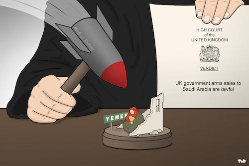Cartoon: Final Verdict (medium) by Tjeerd Royaards tagged uk,saudi,arabia,weapons,arms,deal,yemen,uk,saudi,arabia,weapons,arms,deal,yemen