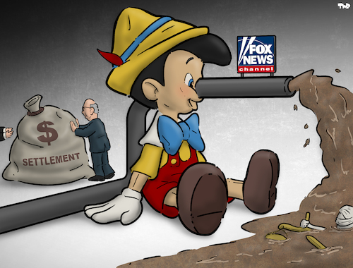 Cartoon: Fox News (medium) by Tjeerd Royaards tagged fox,news,justice,settlement,money,lies,fake,fox,news,justice,settlement,money,lies,fake
