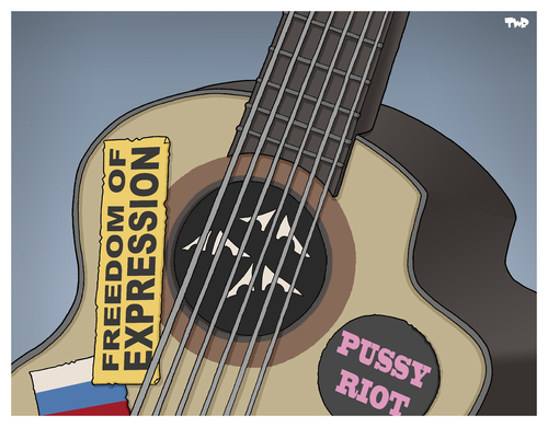 Cartoon: Freedom of expression in Russia (medium) by Tjeerd Royaards tagged putin,russia,pussy,riot,freedom,expression,free,opinion,religion,music,prison,russia,putin,pussy,riot,freedom,expression,free,opinion,religion,music,prison