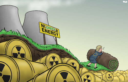 Cartoon: Green label (medium) by Tjeerd Royaards tagged energy,power,nuclear,europe,green,greenwashing,sustainable,sustainability,energy,power,nuclear,europe,green,greenwashing,sustainable,sustainability
