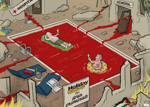 Cartoon: Holiday resort for war criminal (medium) by Tjeerd Royaards tagged netanyahu,gaza,putin,ukraine,war,crimes,blood,justice,russia,israel,netanyahu,gaza,putin,ukraine,war,crimes,blood,justice,russia,israel