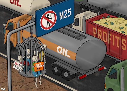 Cartoon: Just Stop Oil (medium) by Tjeerd Royaards tagged oil,climate,justice,prison,activists,court,sentence,oil,climate,justice,prison,activists,court,sentence