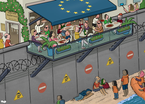Cartoon: Mediterranean coast (medium) by Tjeerd Royaards tagged migrants,refugees,beach,mediterranean,border,wall,migrants,refugees,beach,mediterranean,border,wall