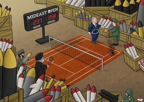 Cartoon: Mideast Open (medium) by Tjeerd Royaards tagged iran,israel,khamenei,netanyahu,tennis,missiles,iran,israel,khamenei,netanyahu,tennis,missiles